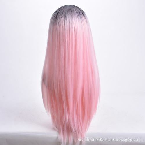 Aishili wholesale heat resistant long straight synthetic hair ombre black to pink synthetic hair wigs for women